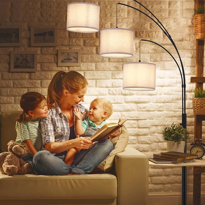 DLLT Modern Floor Lamp for Room: 3-Light Black Tree Dimmable Floor Lamps with Black Shades for Living Room - Arc Standing Lamp for Bedroom - Tall Floor Lamp for Office Corner 3 LED Bulbs Included