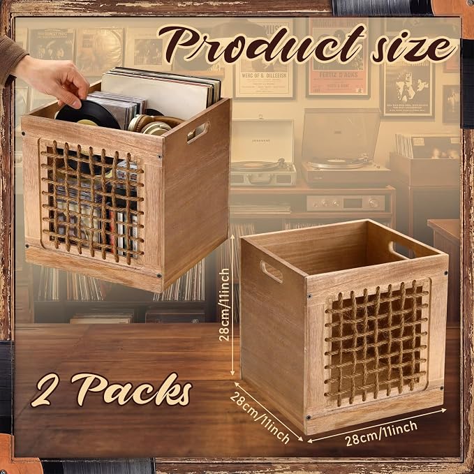 Geelin 2 Pack Stackable Wood Storage Bins with Handles 11 Inch 22l Cube Vinyl Record Storage Box Decorative Vintage Farmhouse Wood Rope Crate Basket Containers Organizing Bins for Toy Books Office