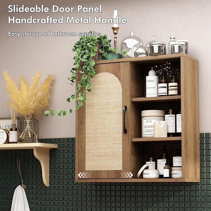 RUSTOWN Boho Rattan Wall Cabinet, Midcentury Bathroom Cabinet with Sliding Door, Adjustable Shelves, Over The Toilet Storage Cabinet (Rustic Oak)