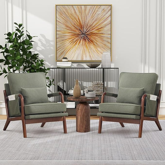 ANJ Mid Century Modern Accent Chair Set of 2, Lounge Reading Armchair with Extra Side Pocket & Detachable Cushion, Comfy Fabric Accent Chairs for Living Room, Bedroom, Green