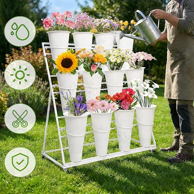 3-Tier Flower Display Stand with 12 Buckets, Heavy Duty Metal Flower Plant Cart with Wheels, Indoor Large Capacity Flower Bar Florist bucket Rack, Moving Florist Bouquet Shelf for Wedding Garden (D, 39.6*23.7*40.6in)