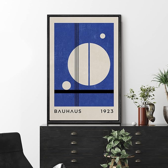 MUDECOR Framed Canvas Print Wall Art Mid-Century Bauhaus 1960s Blue White Circle Shapes Abstract Illustrations Modern Art Multicolor Relax/Calm for Living Room, Bedroom, Office - 16"x24" Black