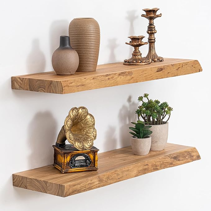 Extra Deep 24" Long Live Edge Rustic Floating Shelves for Wall, Solid Wood Wall Shelves with Invisible Bracket Mount for Living Room Bathroom Bedroom Kitchen, Set of 2, Natural