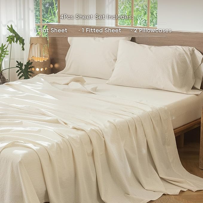 MooMee Striped Sheet Set 100% Washed Cotton Linen Like Textured Breathable Durable Soft Comfy (Almond Milk Grey Pinstripes, King)