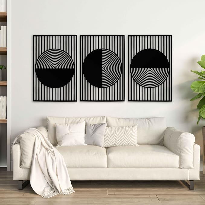 Mid Century Modern Geometric Wood Wall Art Set, Scandinavian Circle Wooden Wall Decor, Oversized Art Deco Wall Hanging, First Home Gift for Living Room and Bedroom