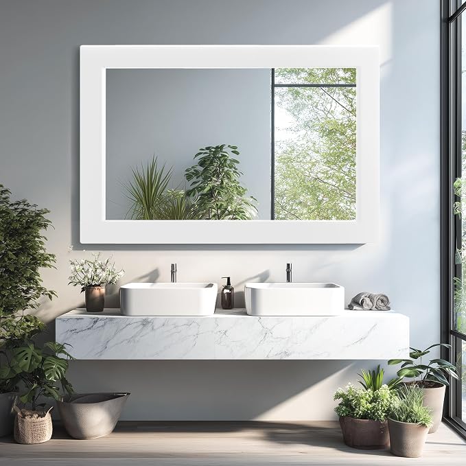 54''x36'' Rustic Wall Mirror for Bathroom White Wood Frame, Classic Rectangle Mirror Farmhouse Vanity Wall Mirror Decor Living Room, Bedroom, Entryway