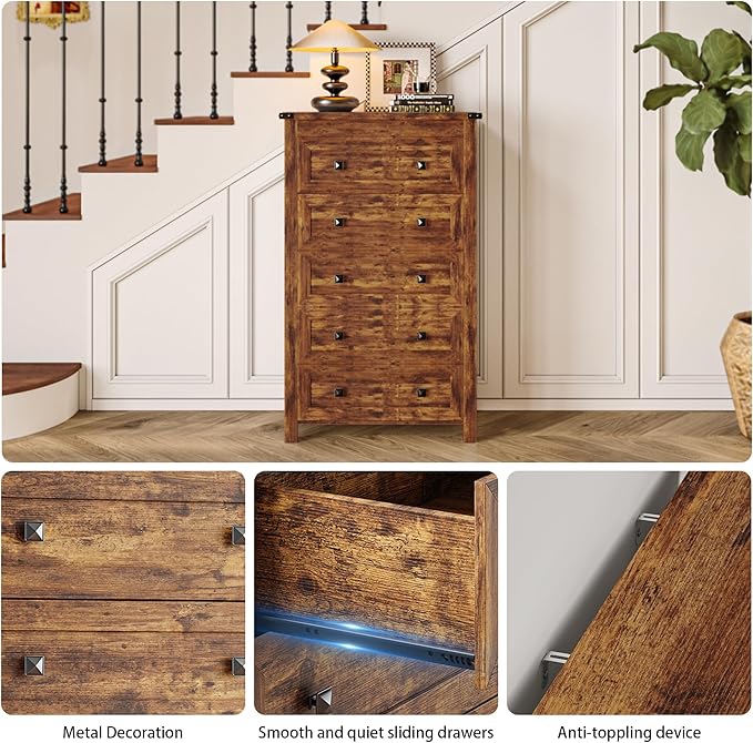 Brown Dresser Tall 5 Drawer Dresser for Bedroom, Wooden Dressers & Chests of Drawers with Metal Handles, Modern Storage Cabinet and Organizer Drawers for Living Room, Hallway