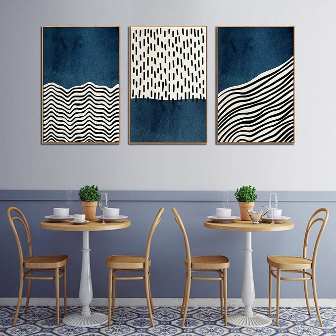 Framed Wall Art Canvas Set Mid Century Boho Picture Modern Abstract Geometric Lines Wall Decor Minimalist Black Indigo Canvas Painting Artwork Living Room Bedroom Home Office 24"x36"x3 Natural