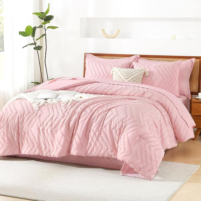 Litanika Pink Queen Size Comforter Set with Sheets - 7 Pieces Bed in a Bag Queen Boho Tufted Complete Bedding Sets with Comforter, Sheets, Pillowcases & Shams