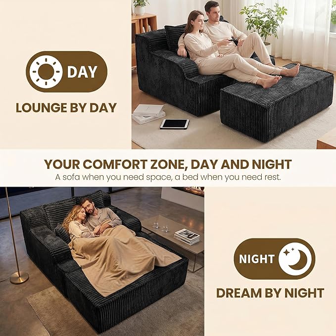 Chaise Lounge Chair Indoor,Boneless Chair with Ottoman,Comfy Reading Chair for Adults,Small Sofa Bed Couch for Living Room,Double Size,Black