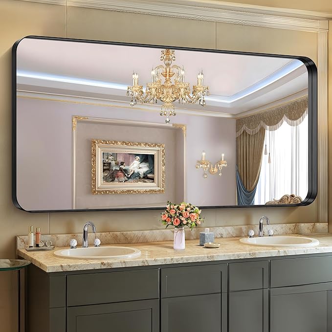 CIRCUMI Black Bathroom Mirror, 36"x72" Rectangular Mirror with Deep Metal Frame, Rounded Corner, Tempered Glass, Large Mirror for Wall, Over 2 Sinks, Installed Vertically/Horizontally, Crystal-Clear