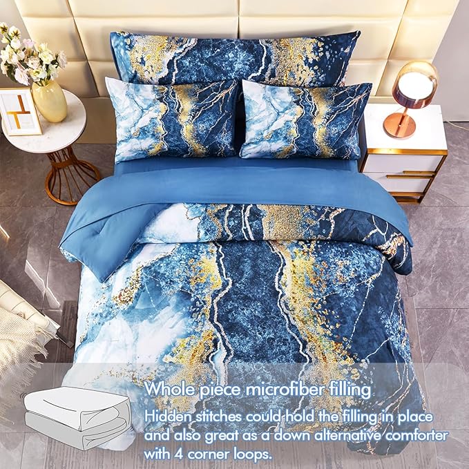 PERFEMET 6 Piece Queen Bed in A Bag Set Blue and Gold Comforter Sets Watercolor Marble Bedding Comforter with Sheets Soft Abstract Retro Capri Blue Bedding Set for All Seasons(Capri Blue, Queen)