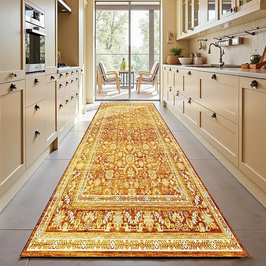 OPPODREAM Vintage Orange 3x10 Runner Rug, 3 x 10 Retro Washable Rug Non Slip, Low-Pile Faux Wool Carpet, Distressed Floor Mat for Kitchen, Hallway, Entry-Way, Entrance, Indoor Back Door