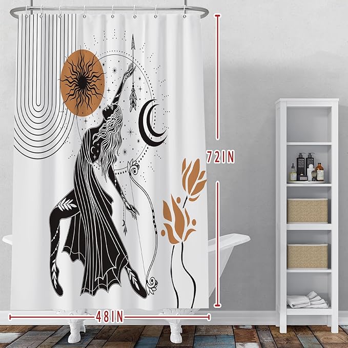 Baocicco Boho Shower Curtain Sun Moon Women Bow and Arrow Plants Modern Geometric Shower Curtains Decorative for Bathroom Waterproof Fabric Shower Curtain with Hooks 48x72 Inches