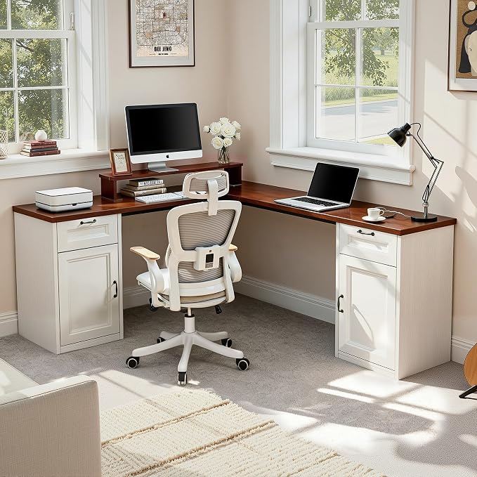 HUAHUU 78" Farmhouse L Shaped Executive Desk with Drawers, Modern Computer Desk with Power Outlets, Office Writing Desk with Monitor Stand & Storage Cabinet, Printer Shelf, Antique White
