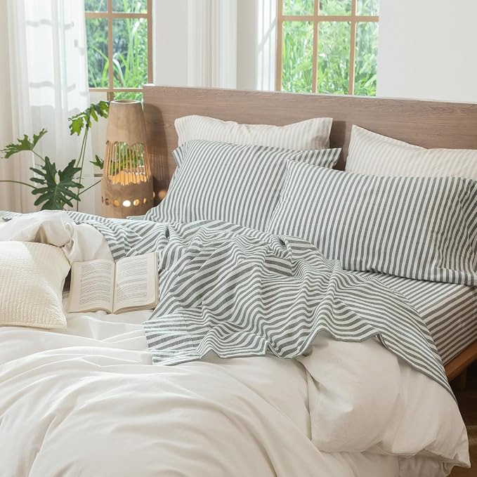 MooMee Striped Sheet Set 100% Washed Cotton Linen Like Textured Breathable Durable Soft Comfy (Heathered Green Classic Stripes, Queen)