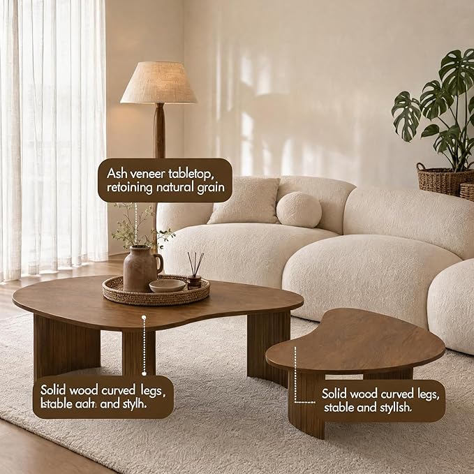 Mid Century Modern Nesting Coffee Tables Set of 2 – Walnut Ash Veneer with Fluted Solid Wood Legs, Mango-Shaped End Tables for Living Room, Farmhouse & Contemporary Style