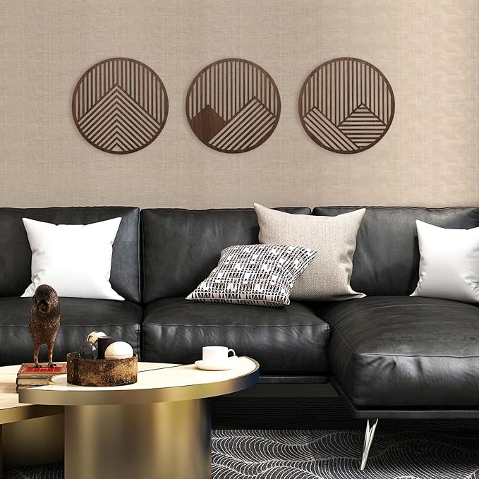 pechpell 3 Piece Round Wood Mountains Wall Art, 11.8" Circle Wooden Geometric Wall Decor, Rustic Nature Mountain Line Artwork for Living Room Bedroom Office Farmhouse Home Decorations