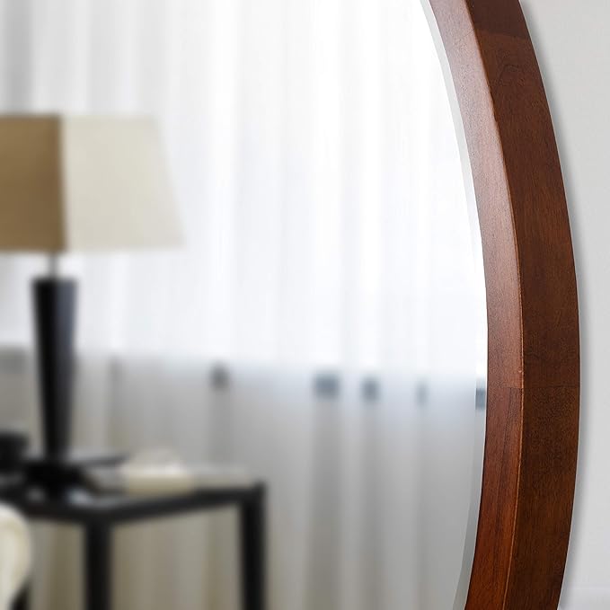 Kate and Laurel McLean Mid-Century Wood Framed Wall Mirror, 30 inch Diameter, Walnut Brown, Decorative Modern Round Mirror