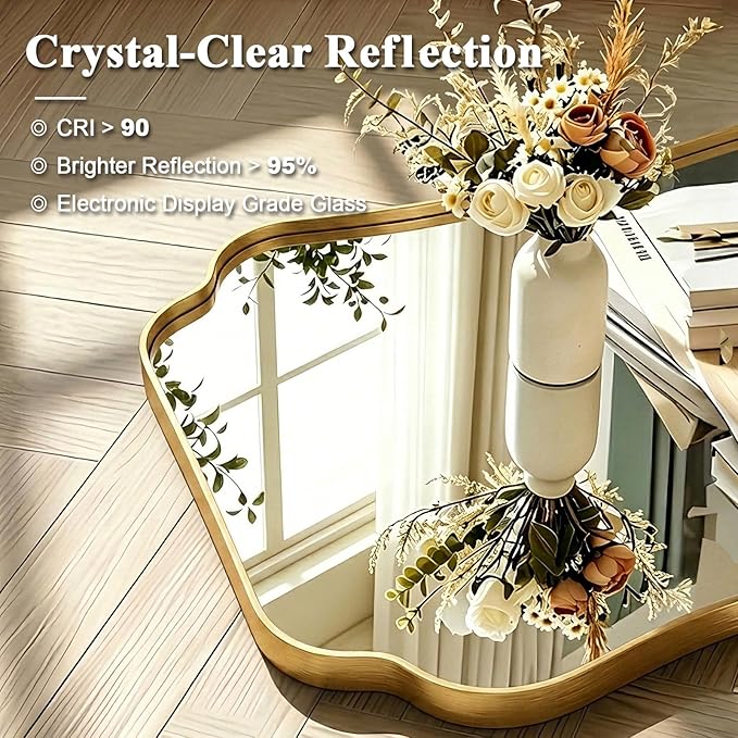 ANDY STAR 24"x30" Gold Mirror, Brushed Brass Scalloped Wall Mirror, Bathroom Wall Mirror with Stainless Steel Metal Framed Ideal for Bedroom, Hallway