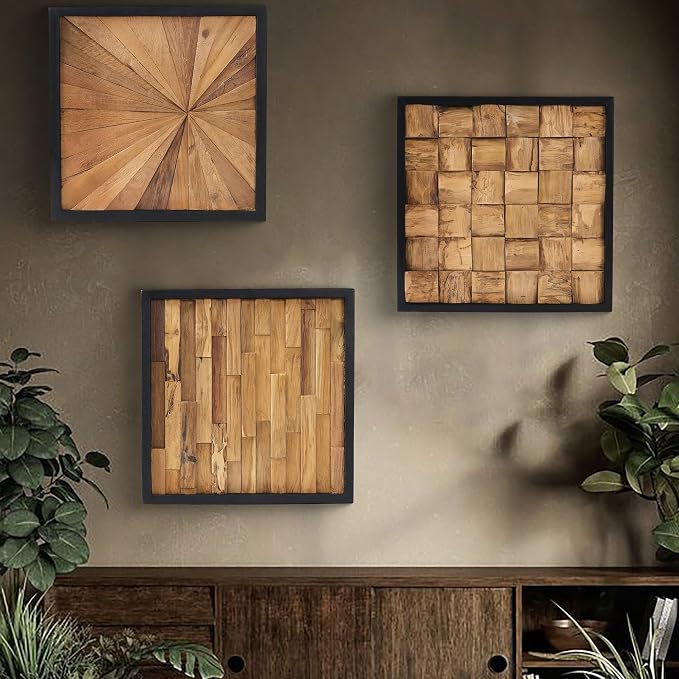 Greenage Natural Teak Wood Wall Art 17"x17" Rustic Farmhouse Sunrise Pattern Natural Wood Decor Hanging Decoration Textured Wooden Frame Wall Panel for Home Living Room Bedroom Meeting Room