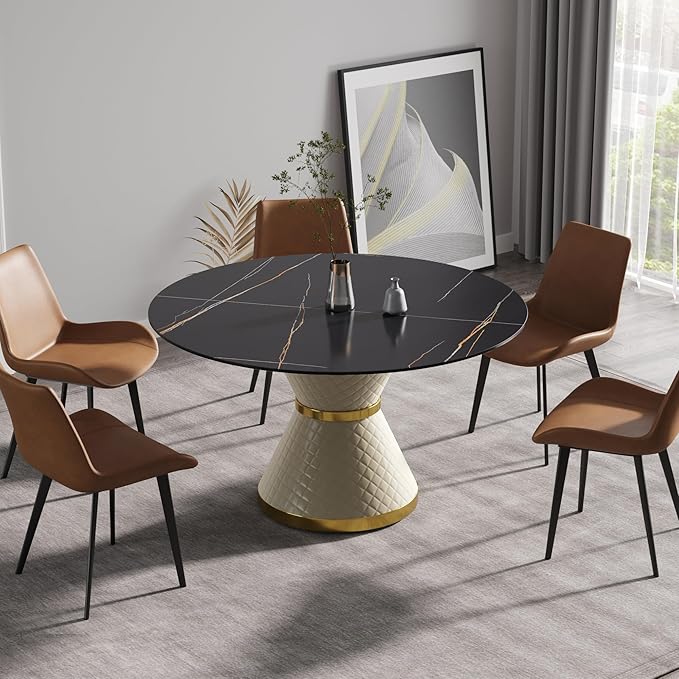 53.15" Round Dining Table, Mid Century Modern Dining Table with PU Base for 6-8 Person, Dining Room Table for Dining Room Kitchen,Living Room, Restaurant, Black