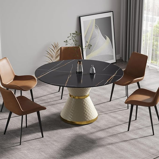 53.15" Round Dining Table, Mid Century Modern Dining Table with PU Base for 6-8 Person, Dining Room Table for Dining Room Kitchen,Living Room, Restaurant, Black