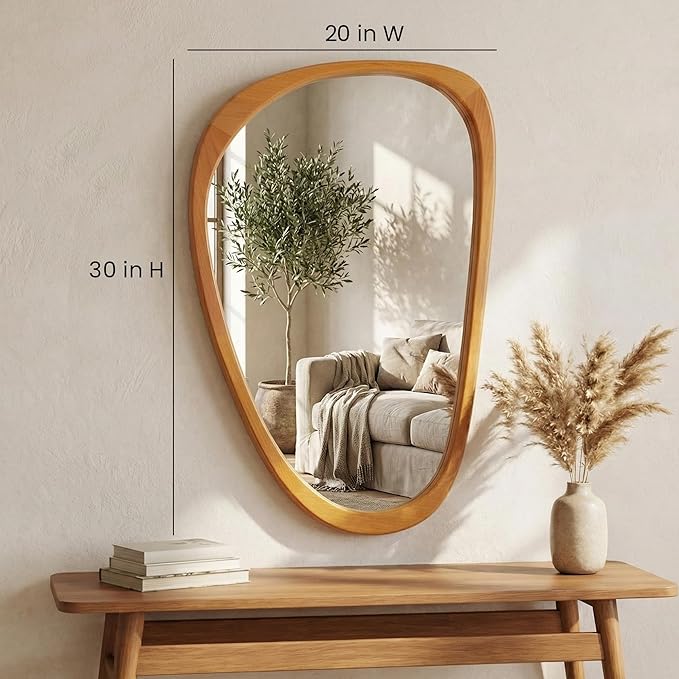 Irregular Asymmetrical Wall Mirror 30"×20" with Solid Wood Frame, Organic Mid-Century Modern Decorative Wall Mirror for Bedroom, Bathroom & Entryway