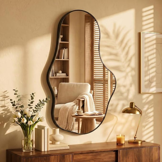 Dorlicecass Irregular Wall Mirror - Wall Mirrors Decorative 22"x 36" Asymmetrical Abstract Mirror Aviation Aluminum Alloy Frame Unique for Bathroom, Bedroom, Living Room, Cloakroom, Entryway Black
