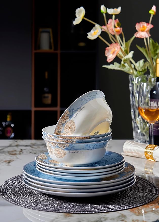 High Bone China Dinnerware Set, 12-Piece Artistic Blue Plates and Bowls, Lightweight & Chip Resistant Ceramic Service for 4, Dishwasher Safe Elegant Kitchen Dining