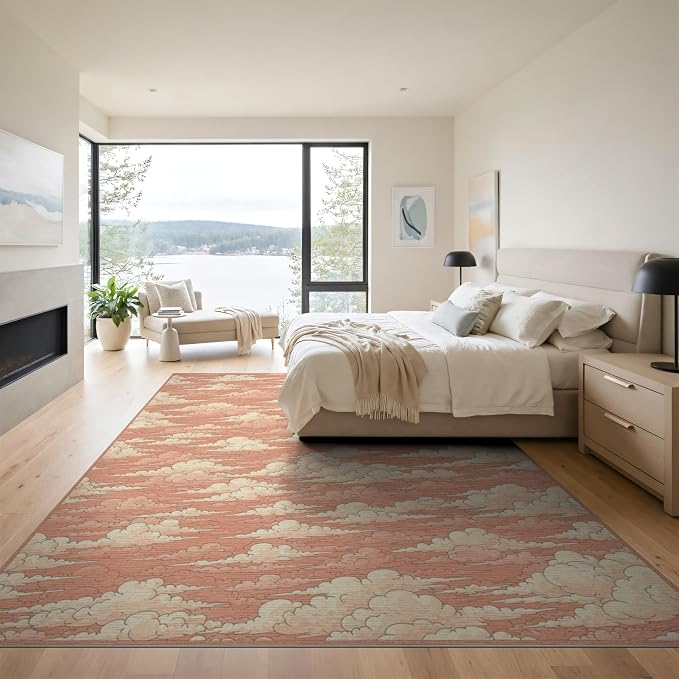 9'x12' Washable Flatwoven Rug, Peach Aesthetic Graphic Stain Resistant Massive Carpet for Dining Room, Basement, Large Office, Non-Slip Chair-Friendly Mat | Ref:2208262