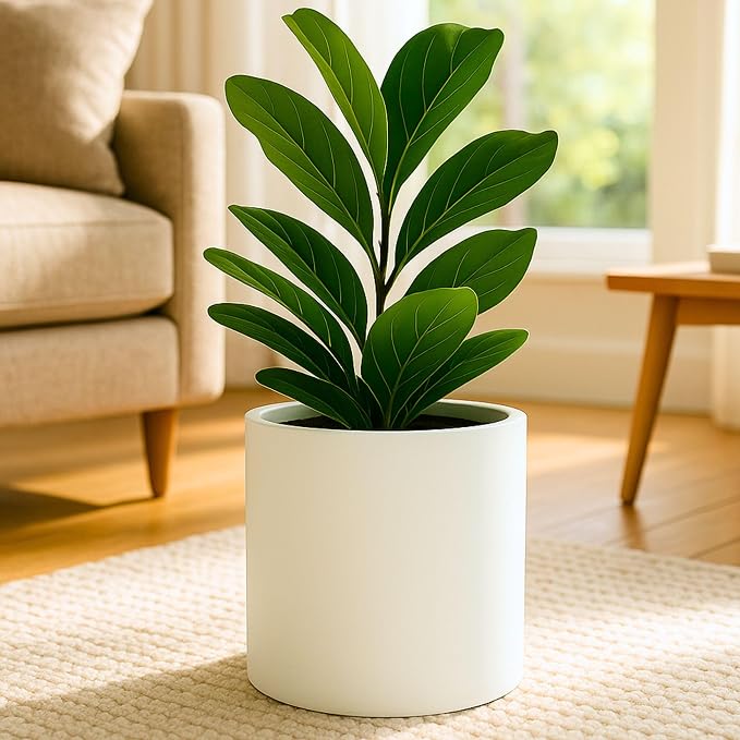 Fox & Fern Large Indoor Planter, Modern Large Plant Pot for Indoor or Outdoor, UV and Frost Resistant - 10 Inch, Fiberstone, Matte White Flower Pot with Hide Saucer, Lightweight