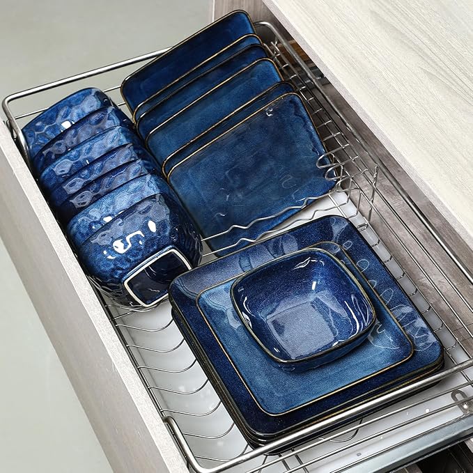 vicrays Ceramic Square 12 Pieces Dinnerware Set - Dinner Plates Salad Plates Cereal Bowls Set Service for 4 - Scratch Resistant Microwave Oven Dishwasher Safe - Blue