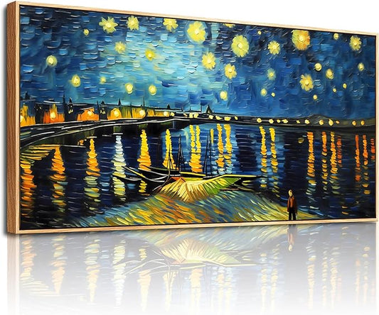 hyidecorart Abstract Blue Vintage Pictures Artwork Canvas Wall Art For Living Room Large Wall Decor For Office Modern Bedroom Decoration Night Scene Wall Paintings Home Decor Wood Framed 24x48