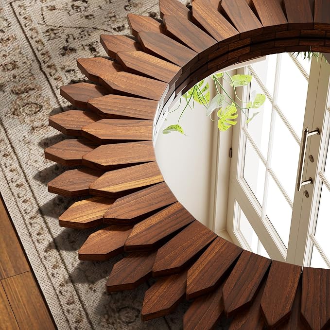 Boho Wood Sunburst Round Wall Mirror, 24 Inch Rustic Circle Wooden Frame Decorative Mirror for Farmhouse Coastal Home, Home Wall Decor for Living Room Entryway Bedroom, Walnut