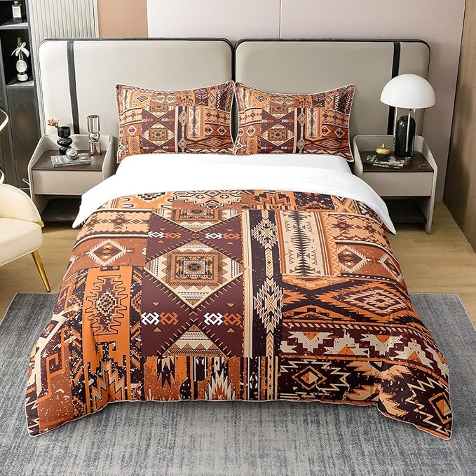 100% Cotton Native American Duvet Cover King Traditional Bedding Set Tribal Ethnic Grunge Vintage Aztec Comforter Cover Brown Yellow Indian Bedroom Decor Abstract Geometric Quilt Cover for Adult Man