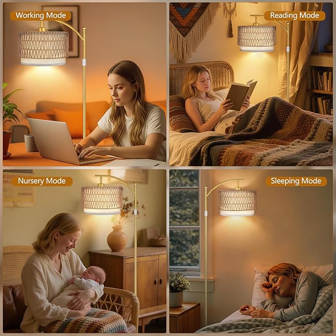 ROTTOGOON Arc Floor Lamps for Living Room, Boho Farmhouse Floor Lamp with Remote & Dimmable Bulb, Standing Lamp with Rattan & Fabric Shades, Adjustable Tall Lamp for Bedroom Office-Gold