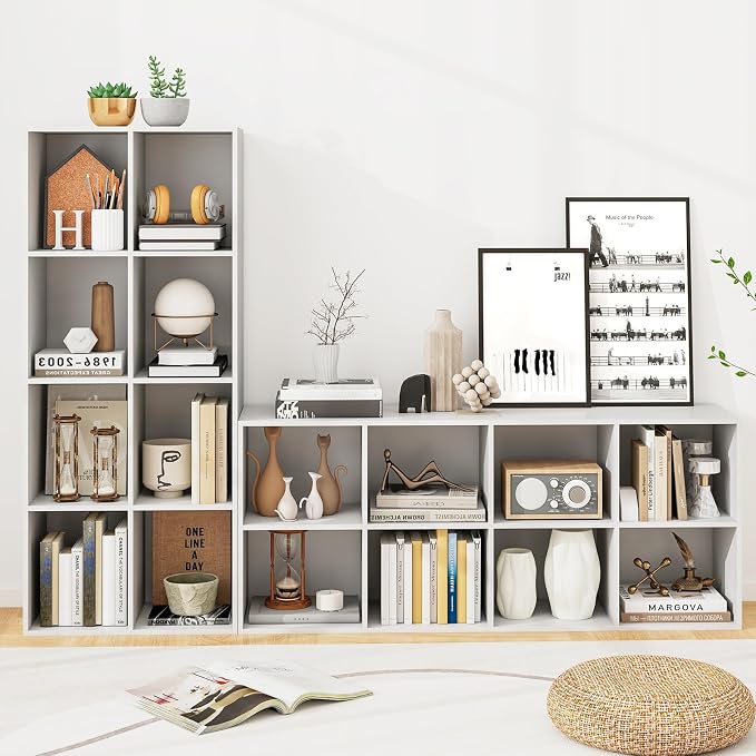 DREAMADE 8 Cube Storage Organizer, 2 Tier Multipurpose Display Shelf w/Open Storage & 2 Anti-Tipping Kits, 8-Cube Wooden Bookcase for Living Room, Bedroom, Study, Home, Office (White)