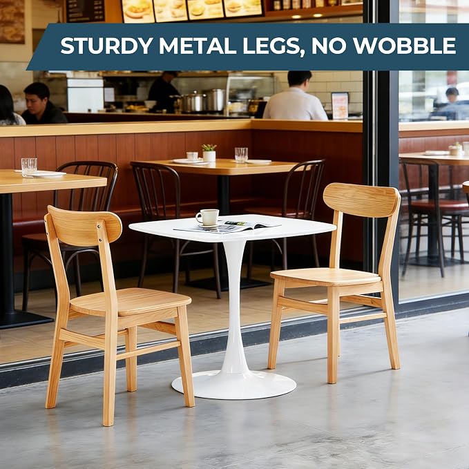 23.62" White Tulip Table, Square Dining Table for 2, Pedestal Table with Metal Leg, Mid Century Modern Bistro Table for Kitchen, Small Space & Cafe