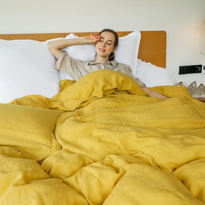 Simple&Opulence 100% Linen Duvet Cover Set 3pcs with Coconut Button Closure Natural French Washed Flax Solid Color Soft Breathable Farmhouse Bedding - Mustard Yellow, King Size
