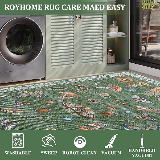5x7 Washable Mushroom Floral Small Rug Non Slip Living Room Vintage Area Rug Low Pile Soft Bedroom Rugs Non Shedding Kitchen Rugs Boho Retro Indoor Carpet for Kids Nursery Room, Green