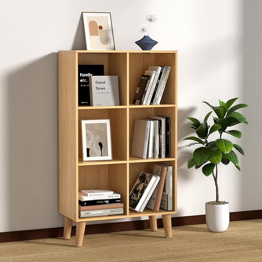 6 Cube Storage Organizer with Legs, 3 Tier Cube Low Bookcase Freestanding Storage Display Organizer for Home Office, Six-Cubes Open Shelf Bookshelf (Natural Oak, 6 Cube Vertical)