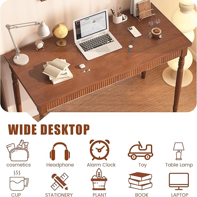 100% Solid Wood Desk with Drawers - 47.2” x 21.7” Mid Century Modern Desks, Vintage Writing Desk with Drawers, Simple Work Study Table, Home Office Computer Desks for Any Room - Walnut Color