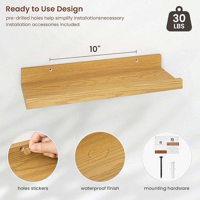 Axeman Picture Ledge Shelf | 16 Inch Oak Floating Shelves Set of 4 | Rustic Wood Wall Shelves with Lip | 16" Picture Shelves for Wall with Ledge | Oak Photo Shelves