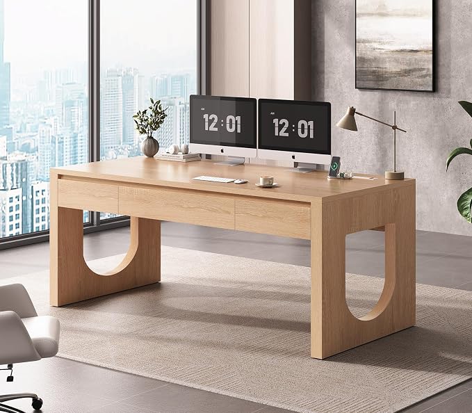 SEDETA Modern Office Desk with 3 Drawers, 55" Executive Desk with U-Shaped Legs, Wood Computer Desk with Power Outlet, Home Office Desks with Relief Texture, Natrual