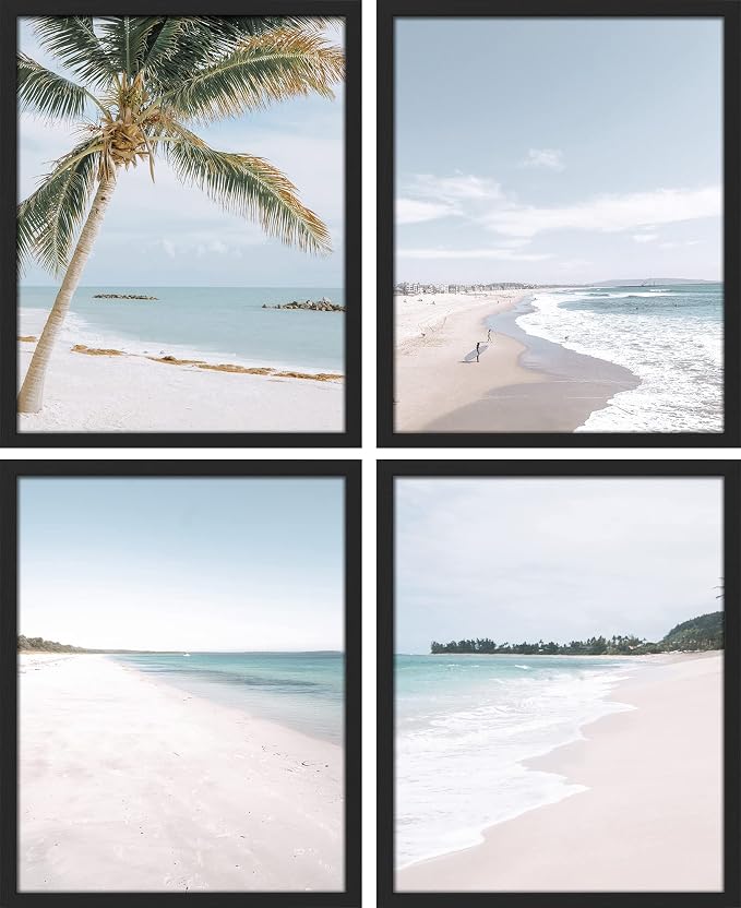 SIGNWIN Framed White Beach Shore Tropical Palm Tree Island Wall Art, Set of 4 Landscape Colorful Wall Decor Prints, Nature Wilderness Wall Décor for Living Room, Bedroom - 11"x14" Black