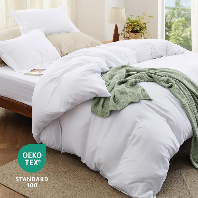 Bedsure Duvet Cover King Size with Fitted Sheet - 4 Pieces Prewashed Cotton-Like Bedding Set, Includes 1 Duvet Cover 104x90 Inches with Zipper Closure, 2 Pillow Shams, 1 Fitted Sheet, Bright White