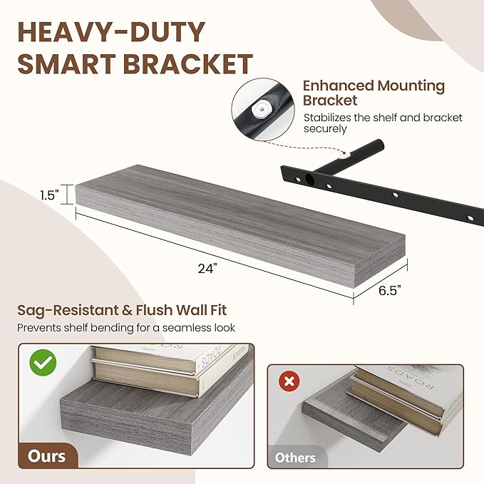 24 Inch Floating Shelves for Wall 2 Pack, 24" Wall Shelves for Books, Storage, Decor, Wall Mounted Floating Shelf with Invisible Brackets for Kitchen, Living Room, Gray