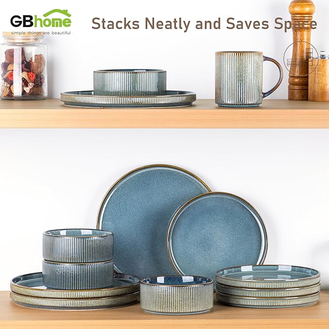 GBHOME 18-Piece Stoneware Dinnerware Set for 6 – Ribbed Ceramic Plates and Bowls, Scratch-Resistant, Microwave & Dishwasher Safe, Reactive Glaze, Deep Ocean