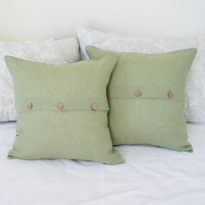 Simple&Opulence Linen Throw Pillow Covers Pack of 2, Triple Coconut Button Vintage Farmhouse Natural Flax Decorative Square Cushion Cover for Sofa Couch Chair - Sage Green, 18'' x 18''